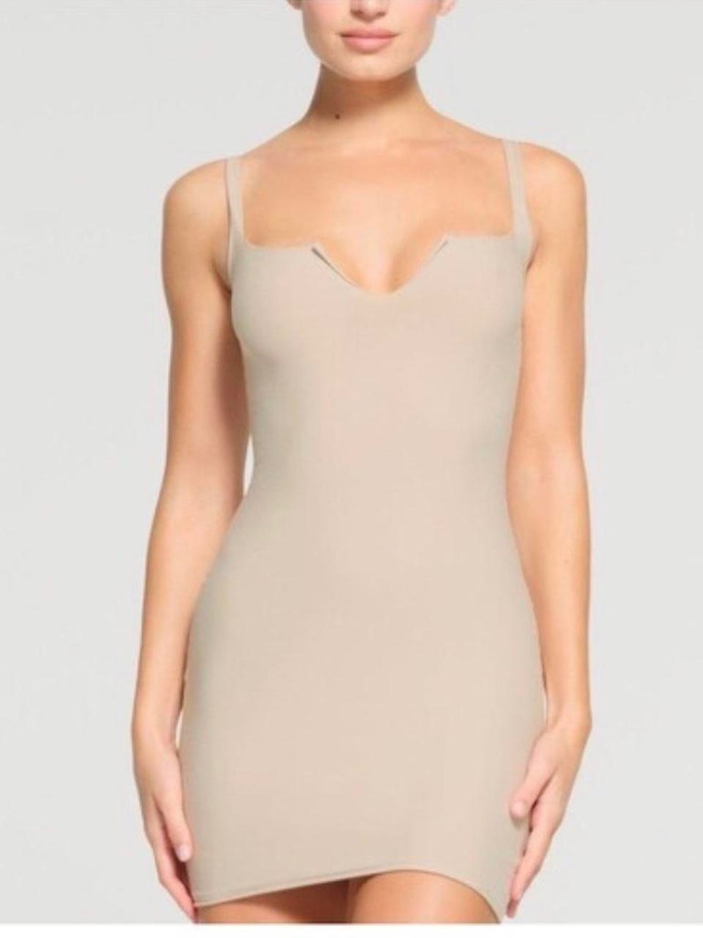 SKIMS Raw Edge Slit Front Mini Dress in Stone Size XS